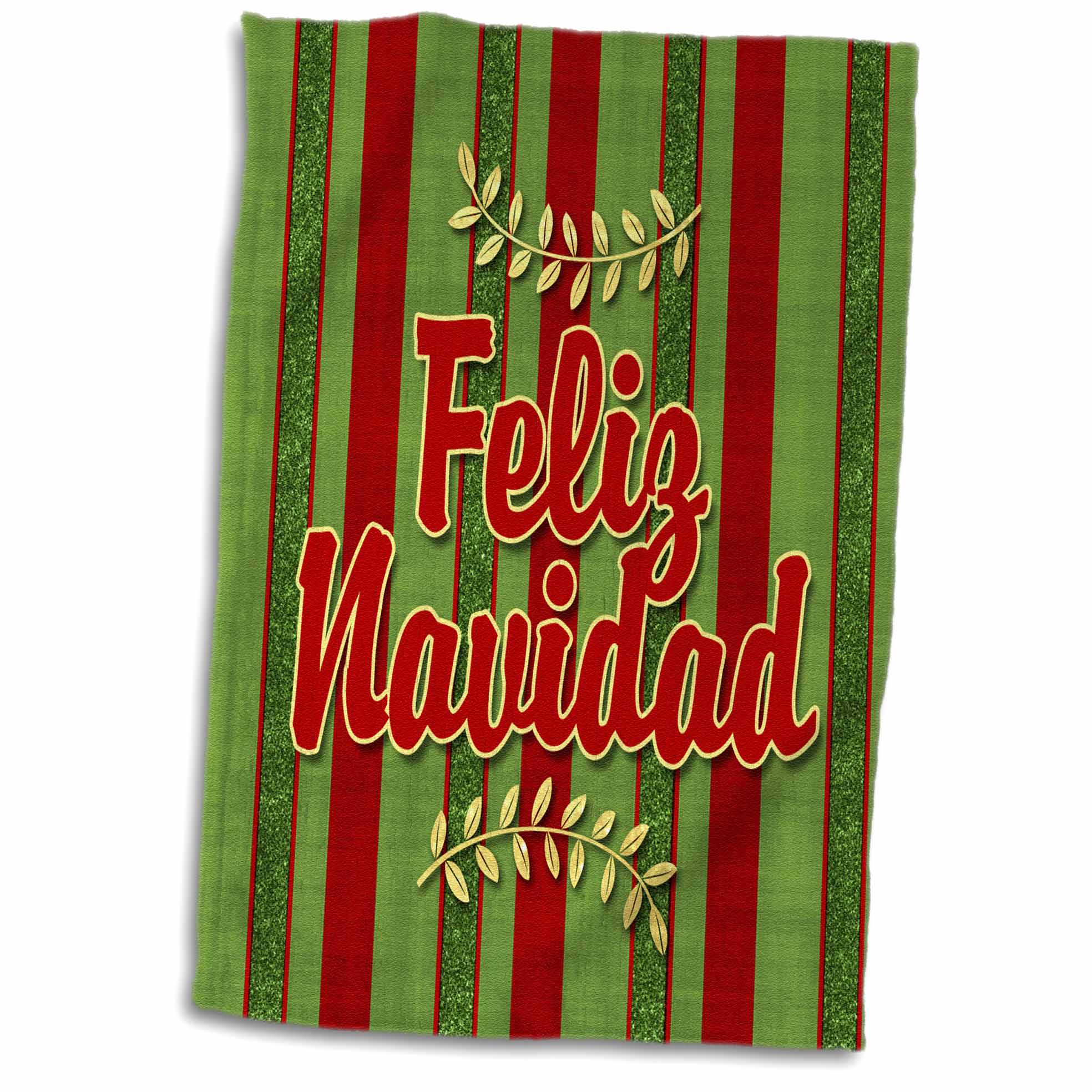 3dRose Feliz Navidad Spanish Festive Red and Green Striped Holiday Sprigs - Towels (twl-245278)