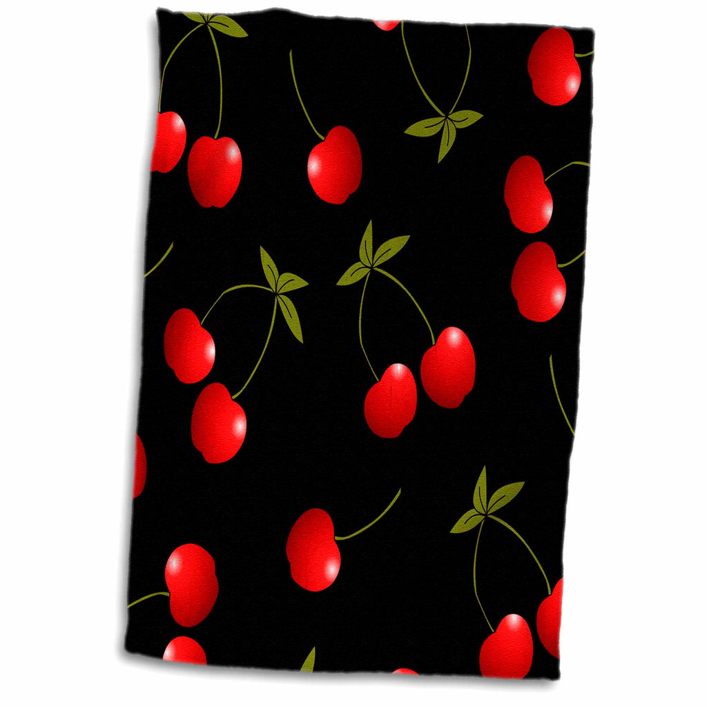 3dRose Cherry Print Juicy Red Cherries on Black - Towels (twl-24730)