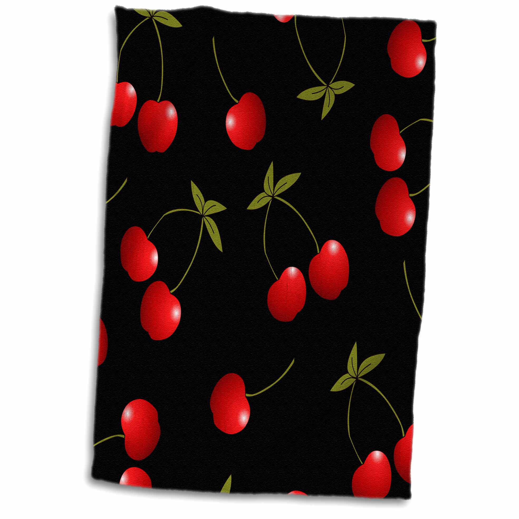 3dRose Cherry Print Juicy Red Cherries on Black - Towels (twl-24730)