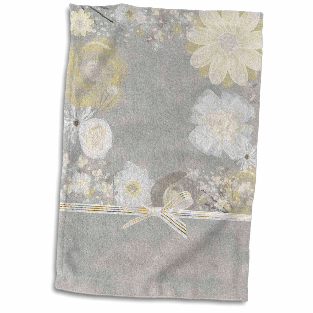 3dRose Flowers of Pastel Creams, Yellow, and Gray with Gold Striped Bow - Towels (twl-254448)