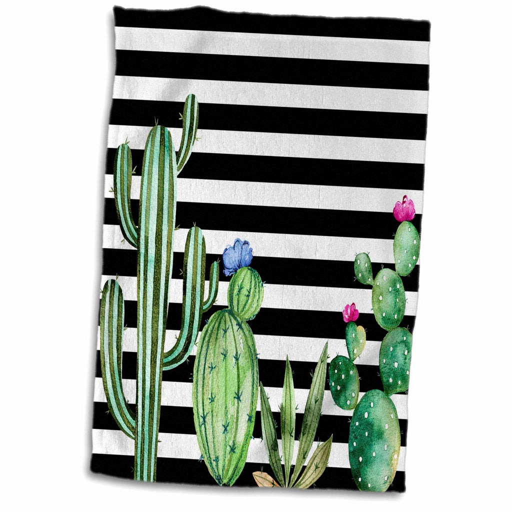 3dRose Black and White Stripes Watercolor Flowering Cactus - Towels (twl-263545)