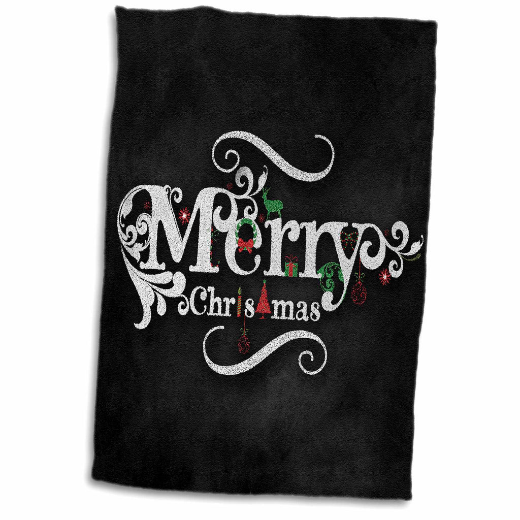 3dRose Merry Christmas Black and White Chalkboard Holiday Typography - Towels (twl-266774)