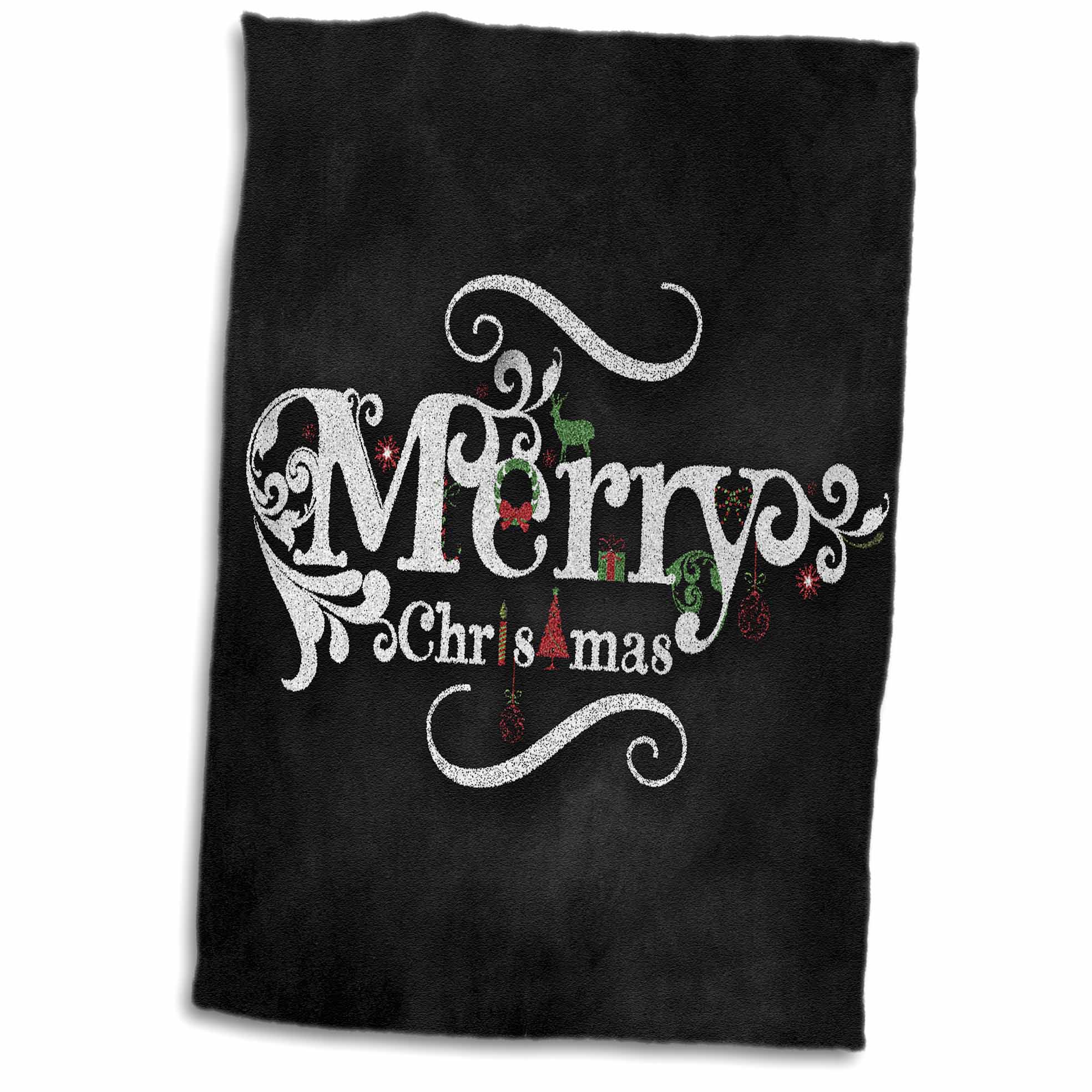 3dRose Merry Christmas Black and White Chalkboard Holiday Typography - Towels (twl-266774)