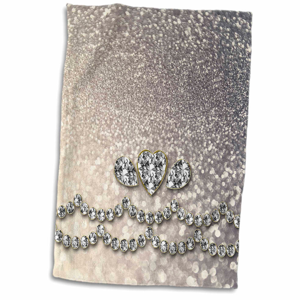 3dRose Image of Sparkling Luxury Diamond and Heart Silver Faux Glitter Effect... - Towels (twl-268947)