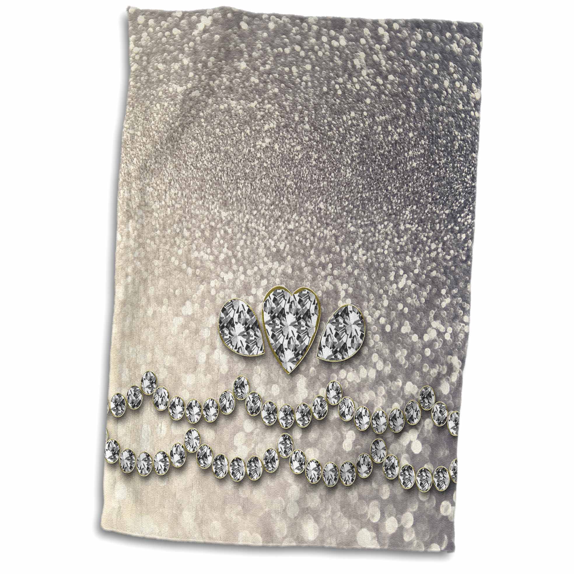 3dRose Image of Sparkling Luxury Diamond and Heart Silver Faux Glitter Effect... - Towels (twl-268947)