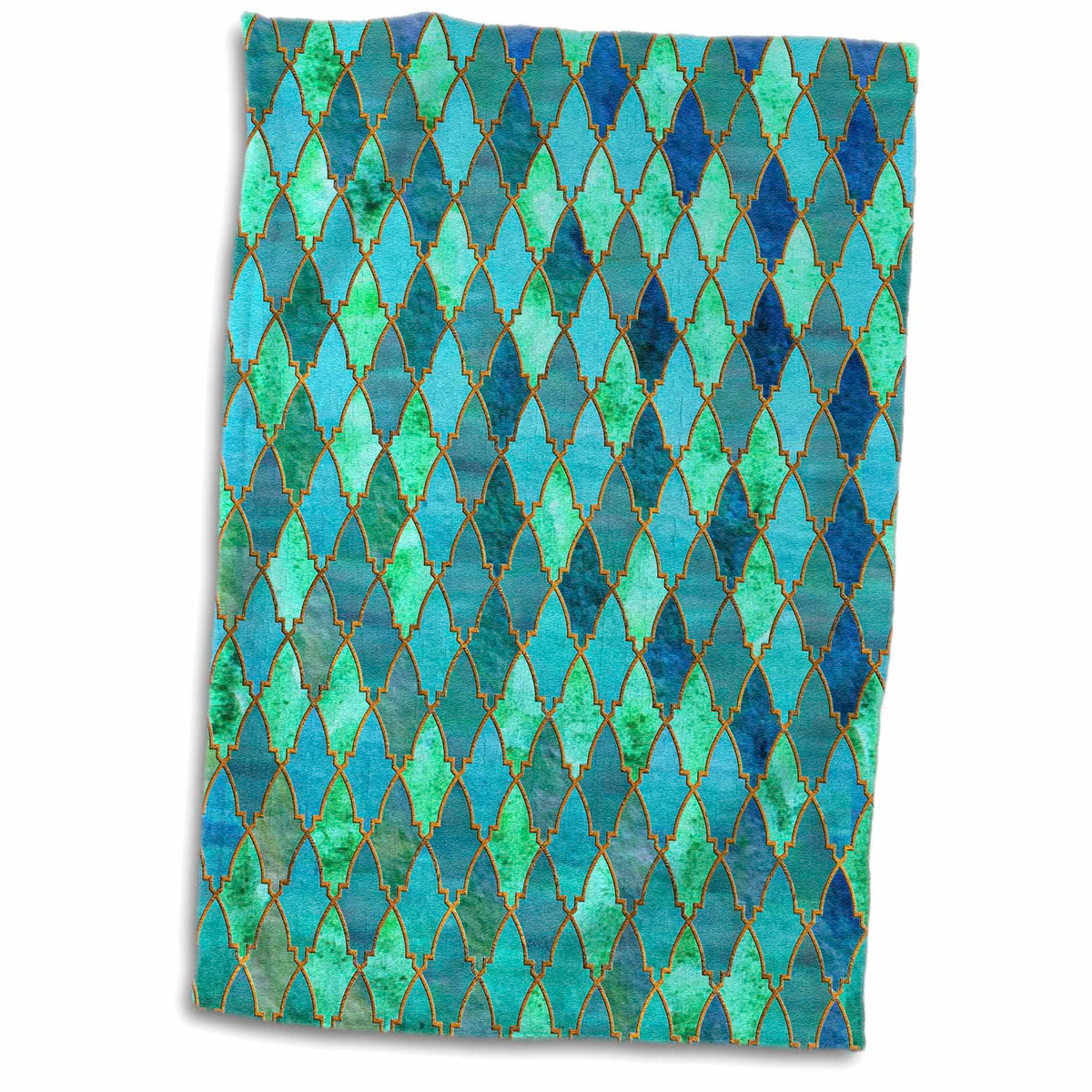 3dRose Luxury Trendy Gold Green Teal Moroccan Arabic Quatrefoil Tile Pattern - Towels (twl-268959)