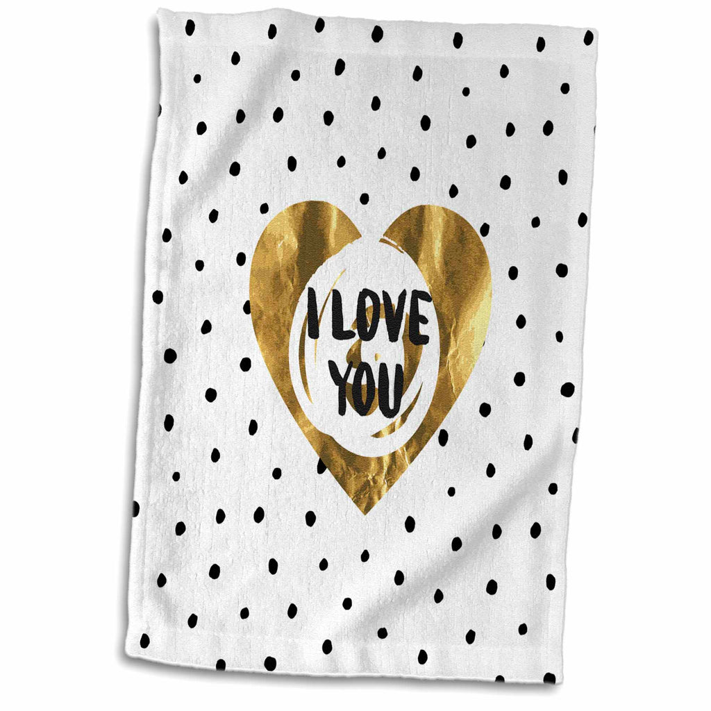 3dRose I Love You- Gold Letters and Heart on White and Black Polkadot Pattern - Towels (twl-275409)