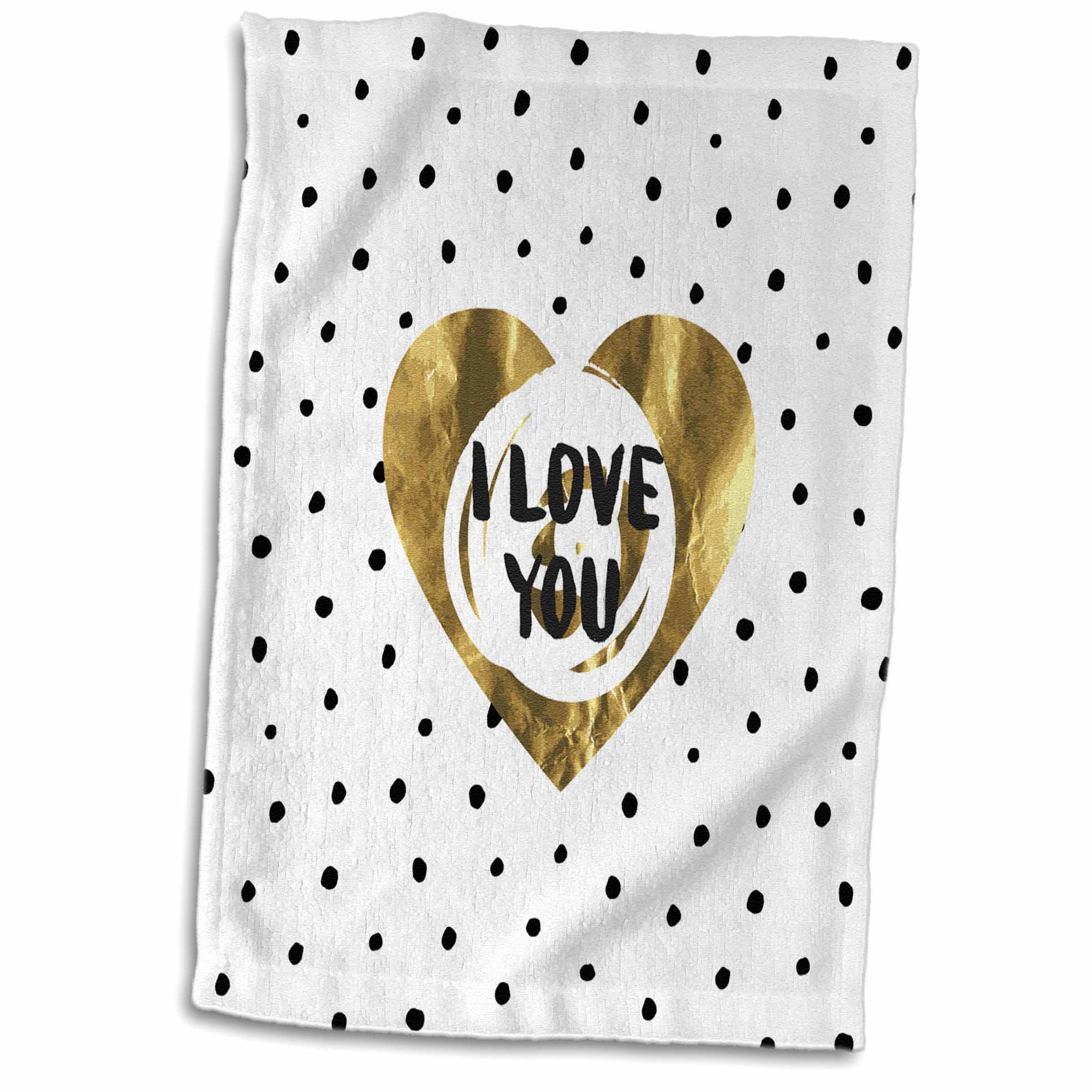 3dRose I Love You- Gold Letters and Heart on White and Black Polkadot Pattern - Towels (twl-275409)