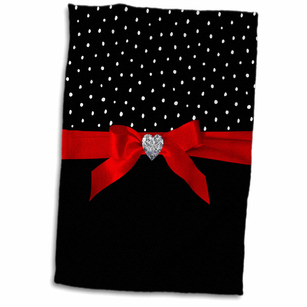 3dRose Polkadots Valentine-Black and White Dots Confetti Red Ribbon Diamond - Towels (twl-275459)