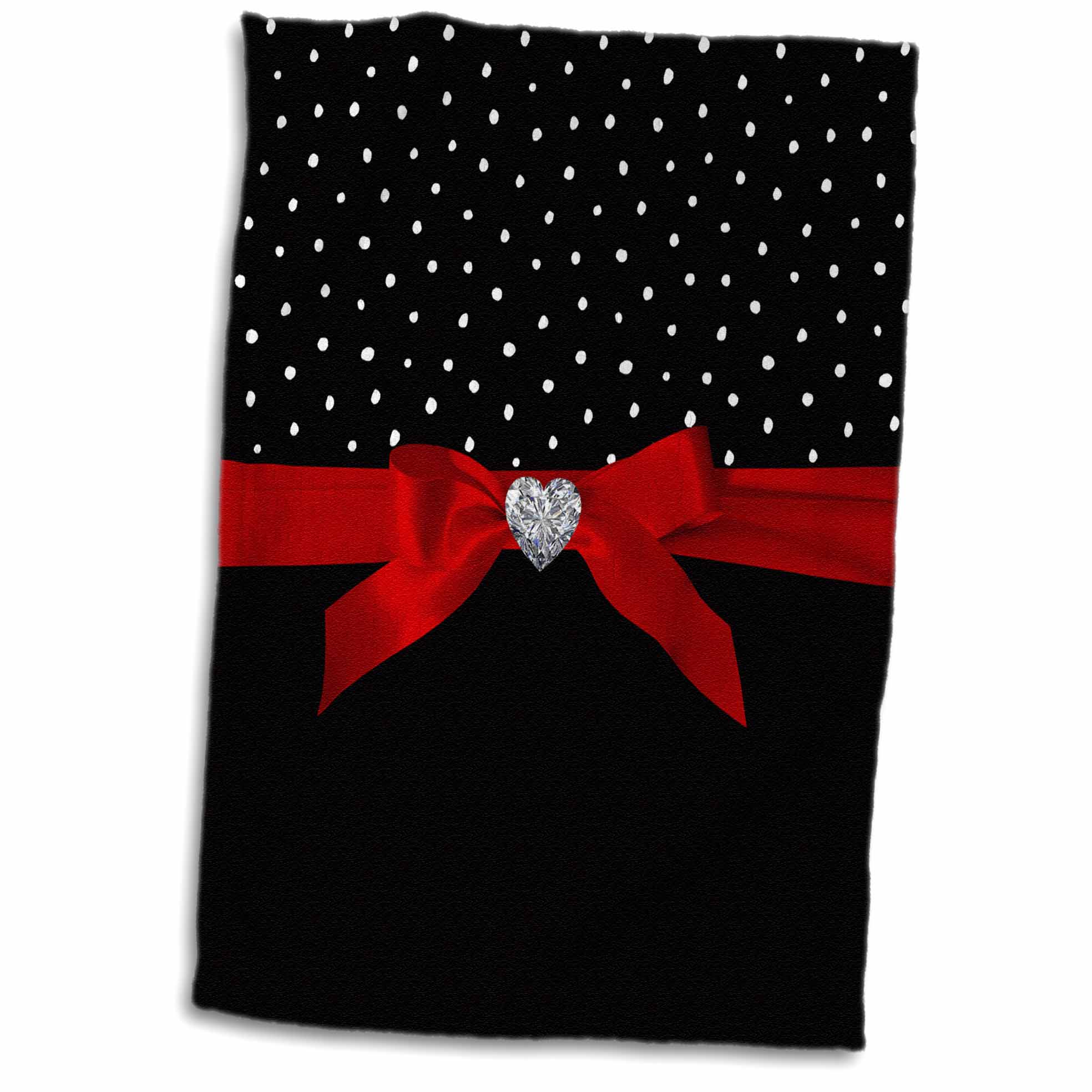 3dRose Polkadots Valentine-Black and White Dots Confetti Red Ribbon Diamond - Towels (twl-275459)