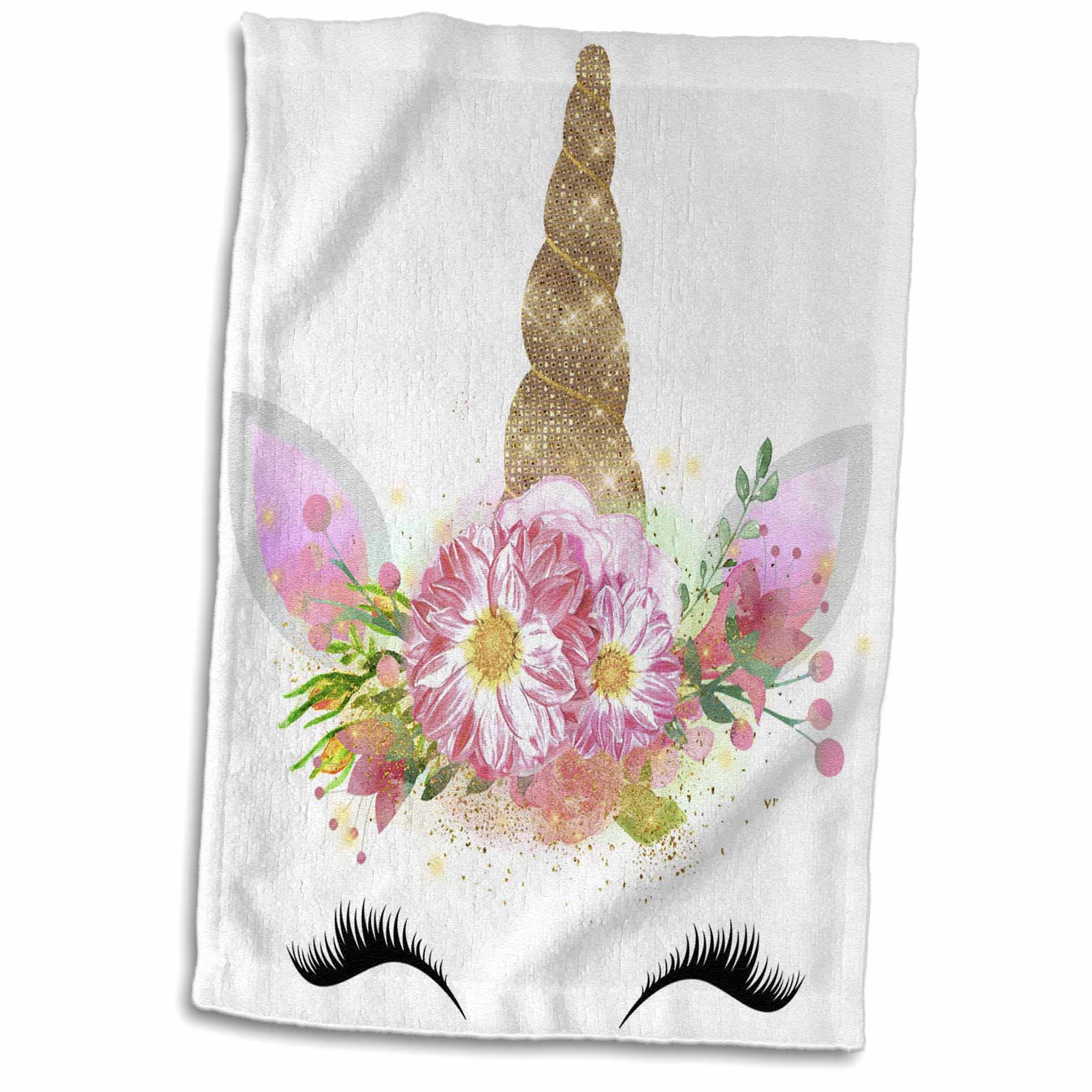 3dRose Pretty Glam Gold and Pink Unicorn Face Illustration - Towels (twl-289270)