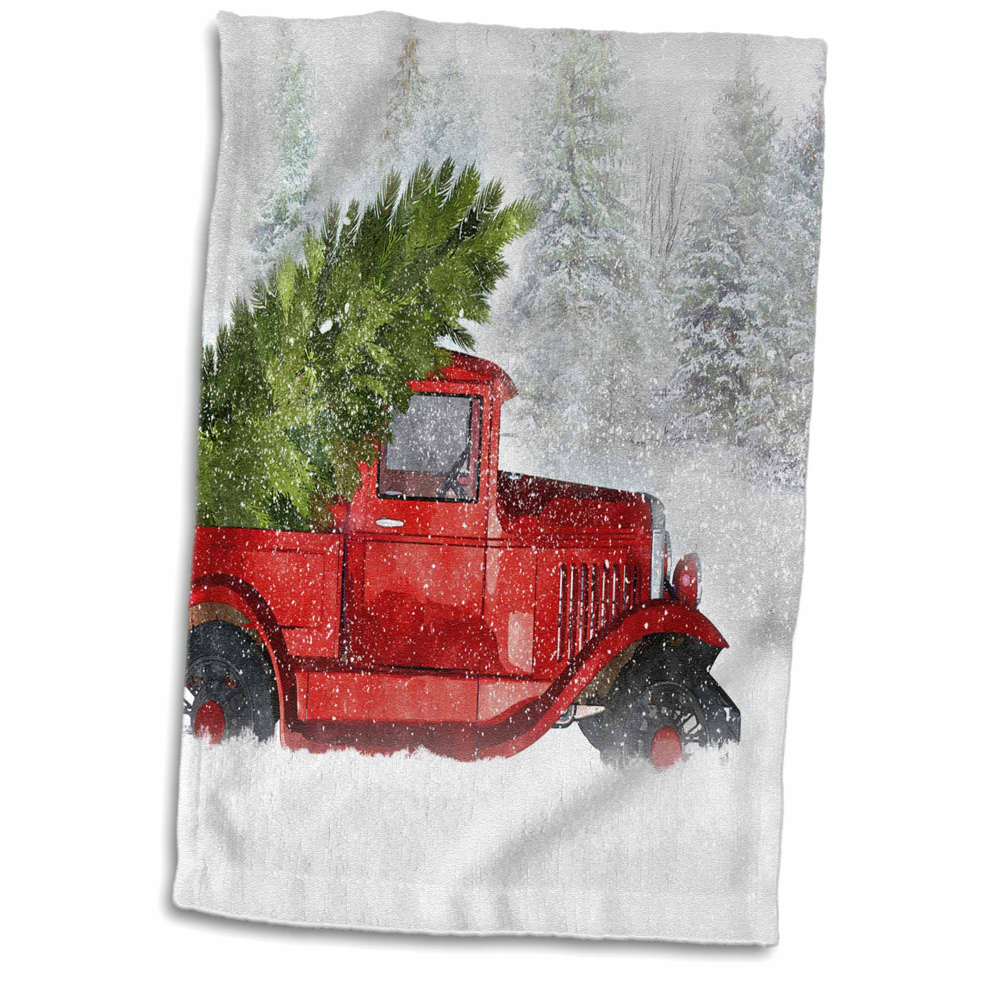3dRose Vintage Classic Old Red Truck with Christmas Tree in Woodland Snow - Towels (twl-298749)