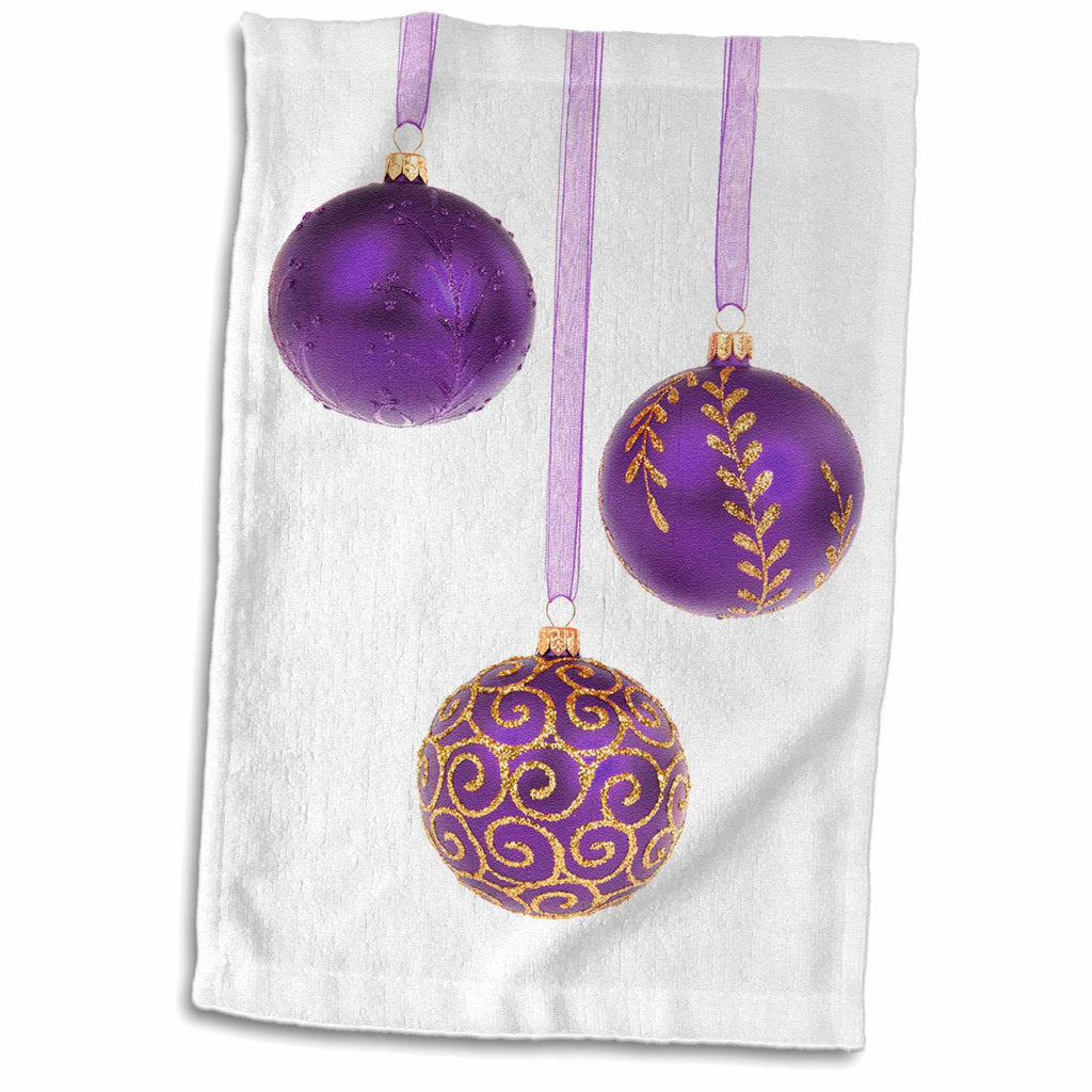 3dRose Purple and Gold Christmas Baubles - Towels (twl-36954)