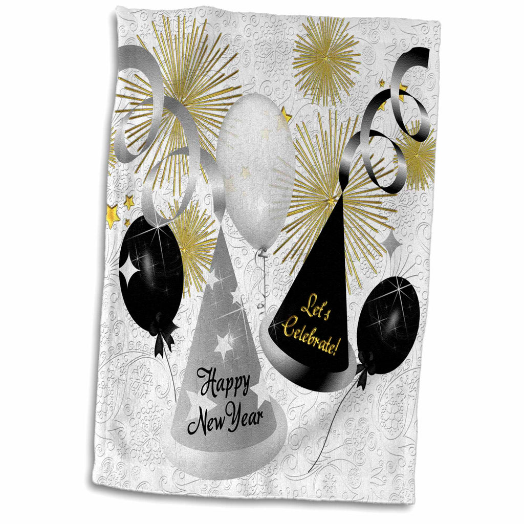 3dRose Happy New Year Black, White and Gold Not Year Specific - Towels (twl-52310)