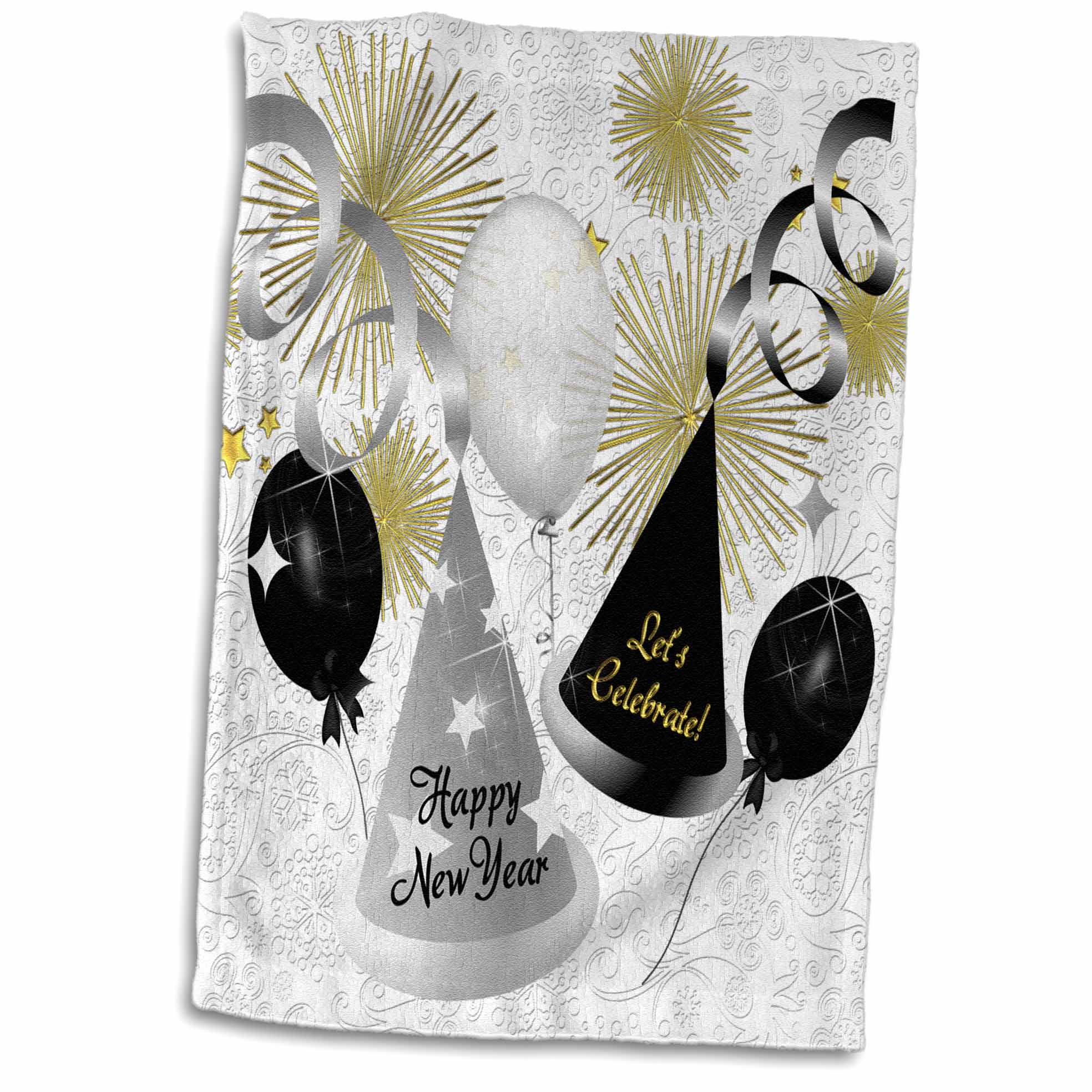 3dRose Happy New Year Black, White and Gold Not Year Specific - Towels (twl-52310)