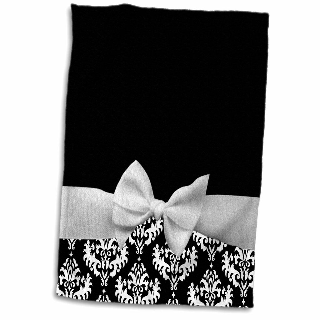 3dRose Elegant and Classy White Ribbon Bow with white damask pattern and... - Towels (twl-56659)