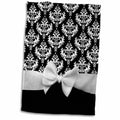 3dRose Black and White Damask pattern with elegant and classy white ribbon bow... - Towels (twl-56660)