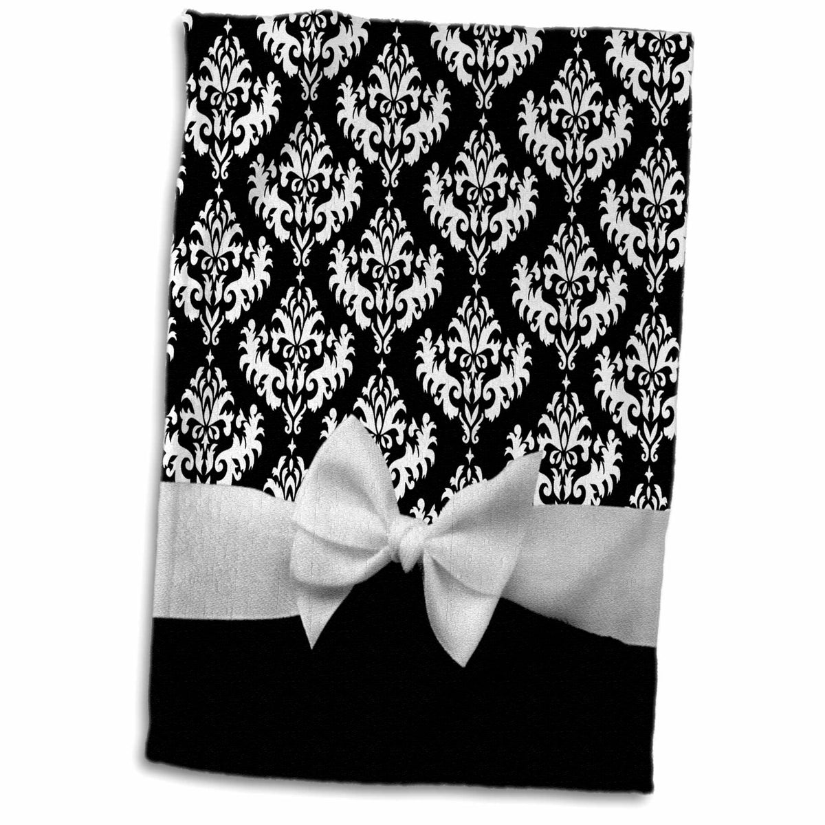 3dRose Black and White Damask pattern with elegant and classy white ribbon bow... - Towels (twl-56660)