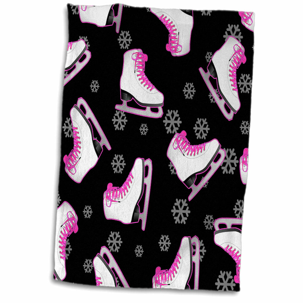 3dRose Figure Skating - Skate and Snowflake Print - Black and Pink - Towels (twl-77481)