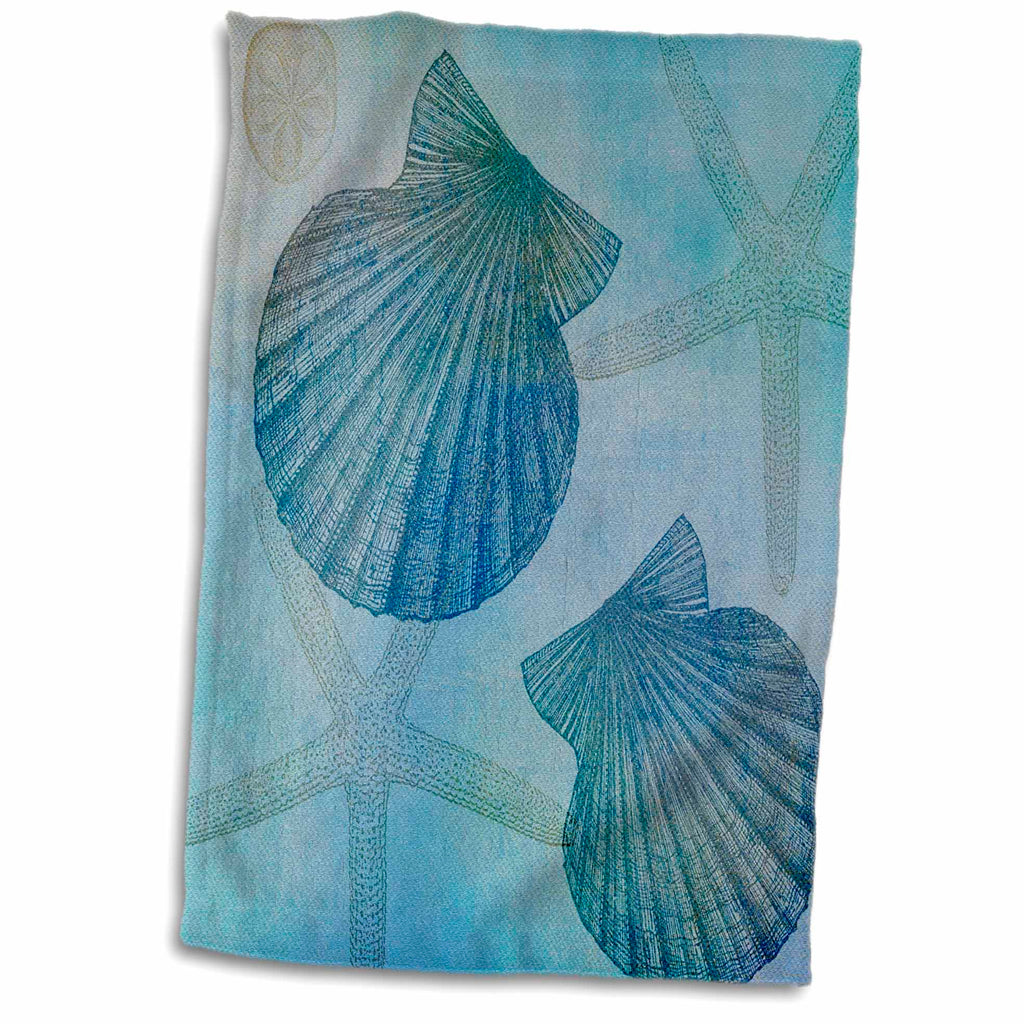 3dRose PS Beach - Aqua Shells and Starfish Beach Themed Art - Towels (twl-79341)