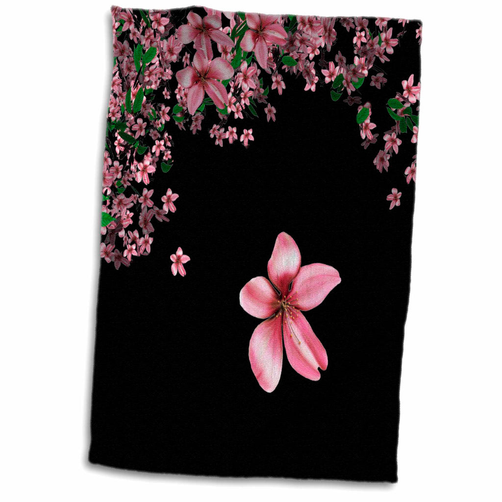 3dRose Pink and White Cherry Blossoms On Black Background - Towels (twl-97837)