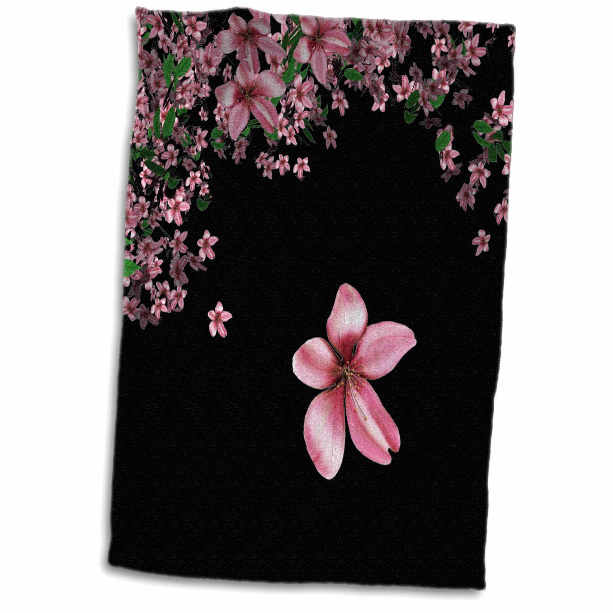 3dRose Pink and White Cherry Blossoms On Black Background - Towels (twl-97837)