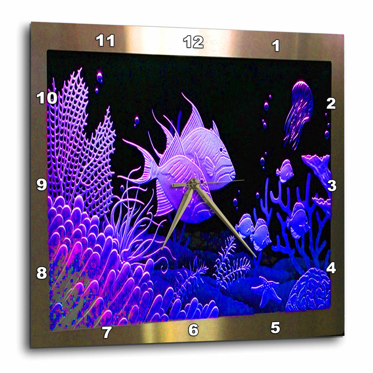 3dRose Spiritual Awakenings Fish - Neon Purple Fish in a Aquarium Metal Frame with Coral and Ocean Life - Wall Clocks (DPP_128916)