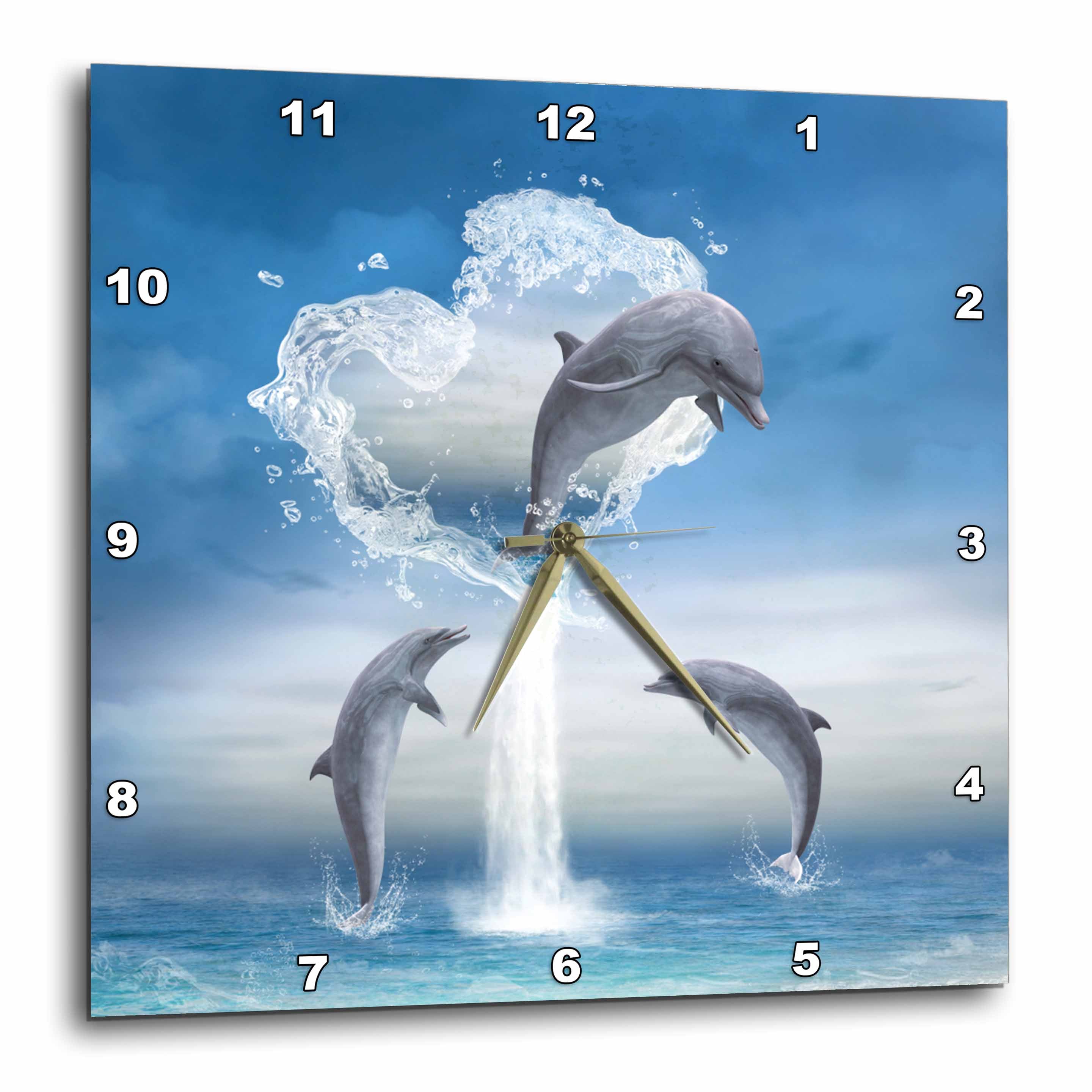 3dRose Simone Gatterwe Designs Sea Life - A Dolphin Jumps Out of a Water Heart into The Ocean - Wall Clocks (DPP_172929)