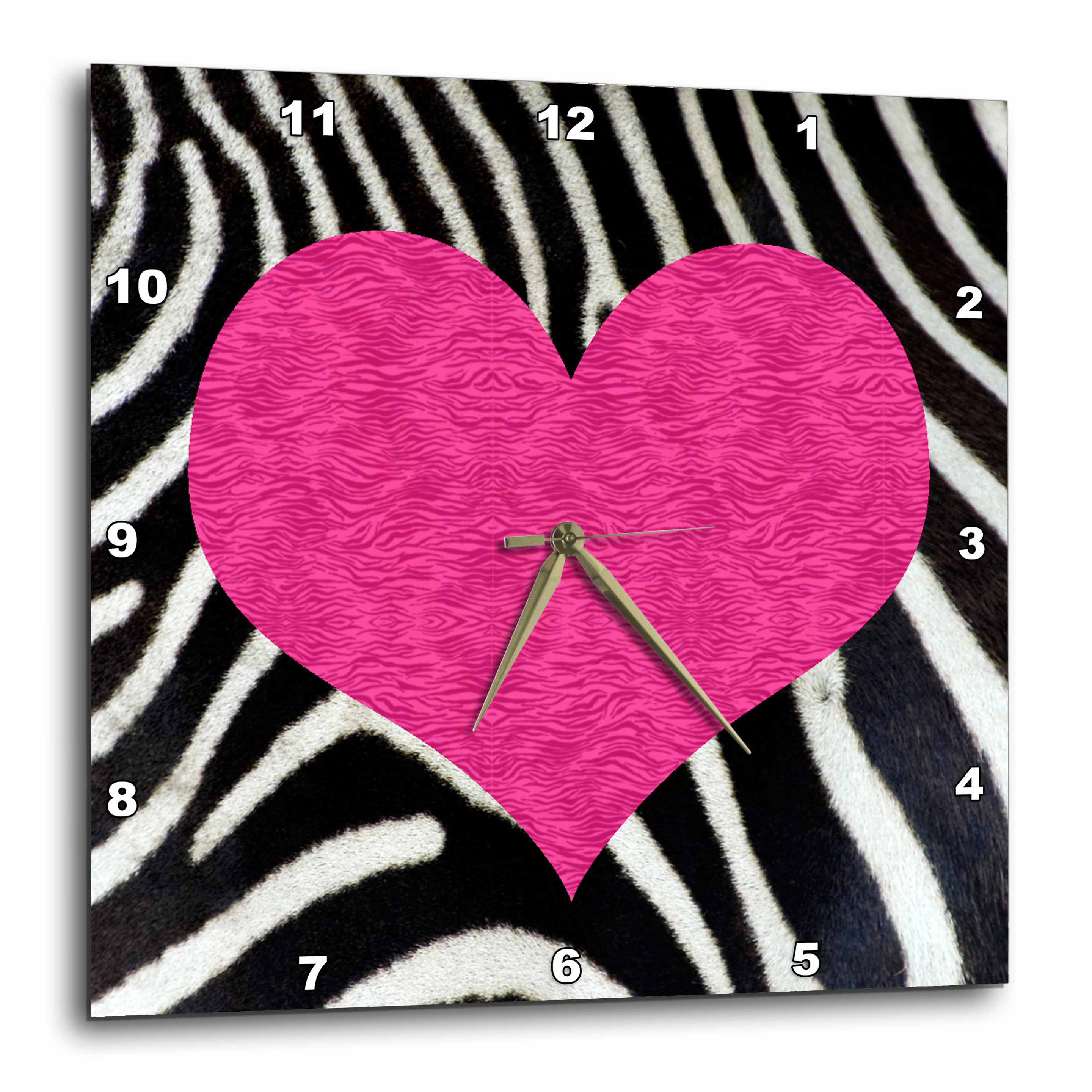 3dRose Janna Salak Designs Prints and Patterns - Punk Rockabilly Zebra Animal Stripe Pink Heart Print - Wall Clocks (DPP_20393)