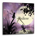 3dRose Renderly Yours Fairies - Believe, Fairy with Dragonflies with Moon and Purple Sky - Wall Clocks (DPP_35696)