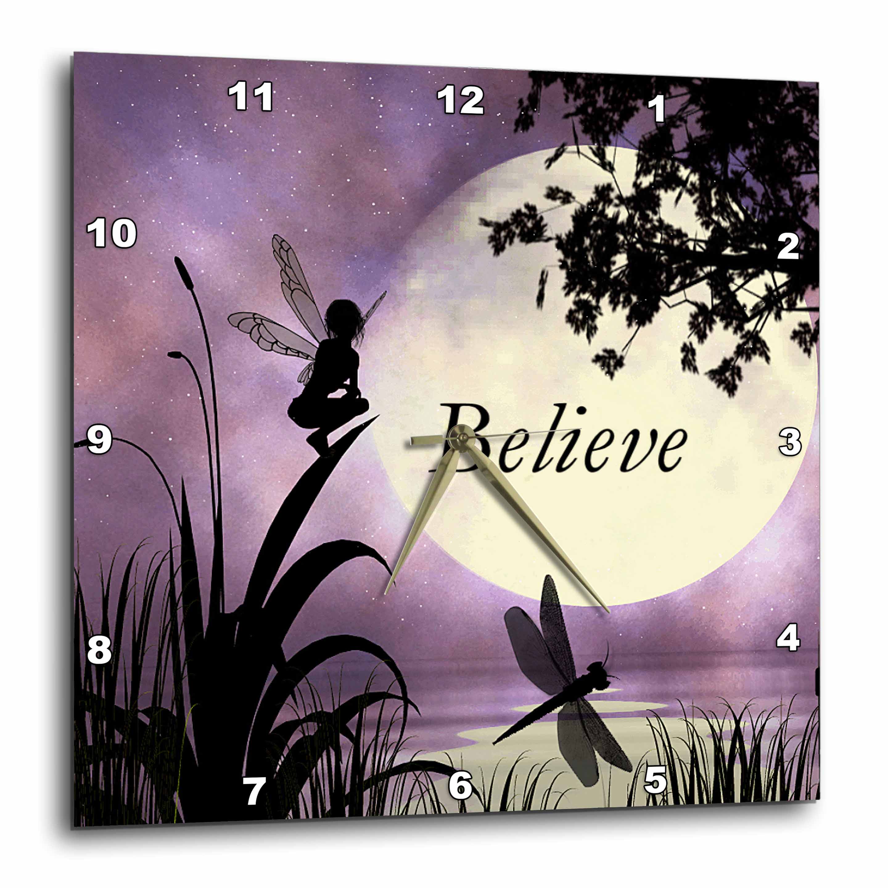 3dRose Renderly Yours Fairies - Believe, Fairy with Dragonflies with Moon and Purple Sky - Wall Clocks (DPP_35696)