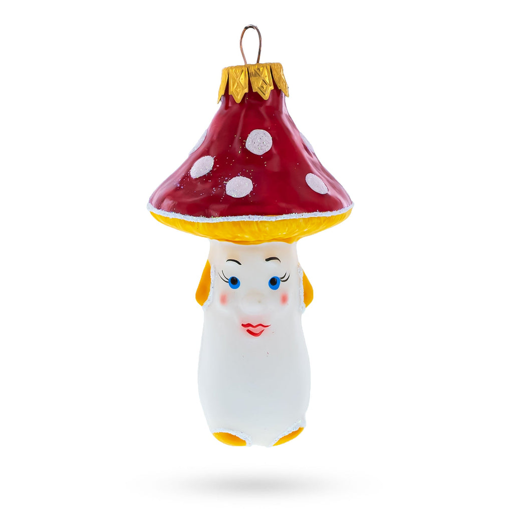 Mushroom with Red Cap and White Dots Glass Christmas Ornament