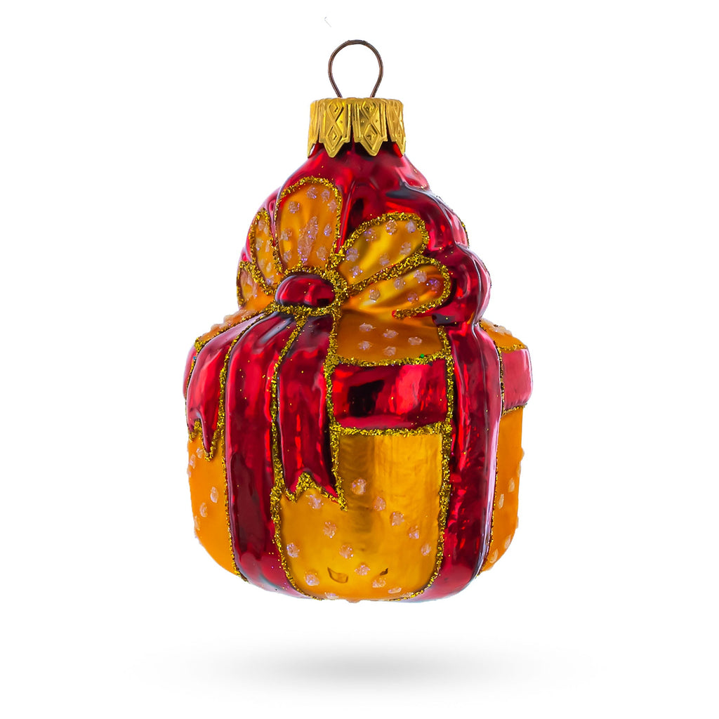 Gift Box with Red Ribbon Glass Christmas Ornament