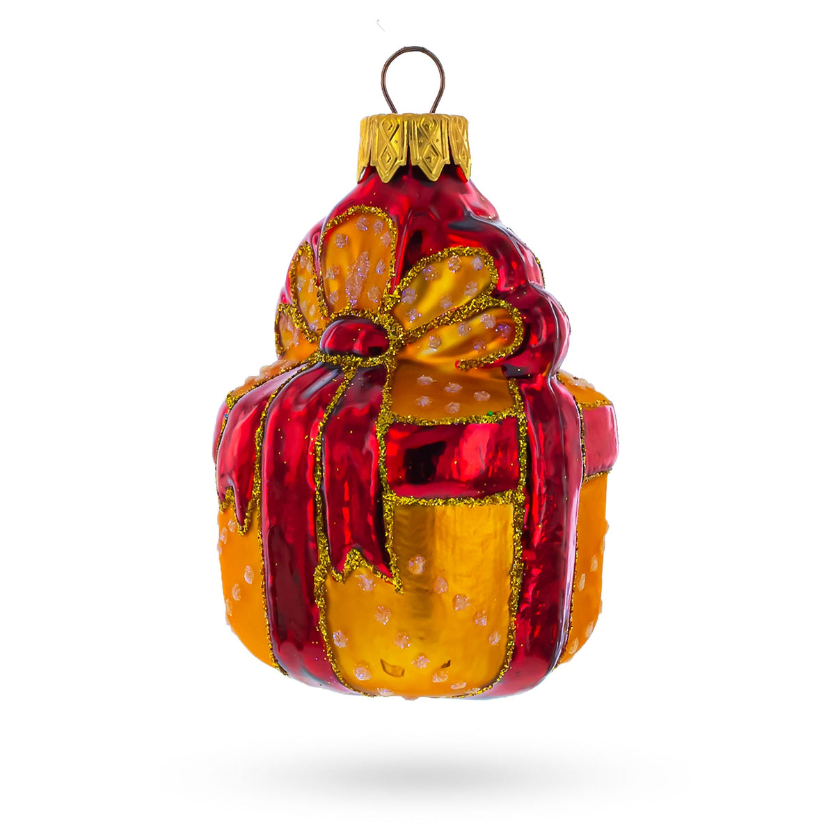 Gift Box with Red Ribbon Glass Christmas Ornament