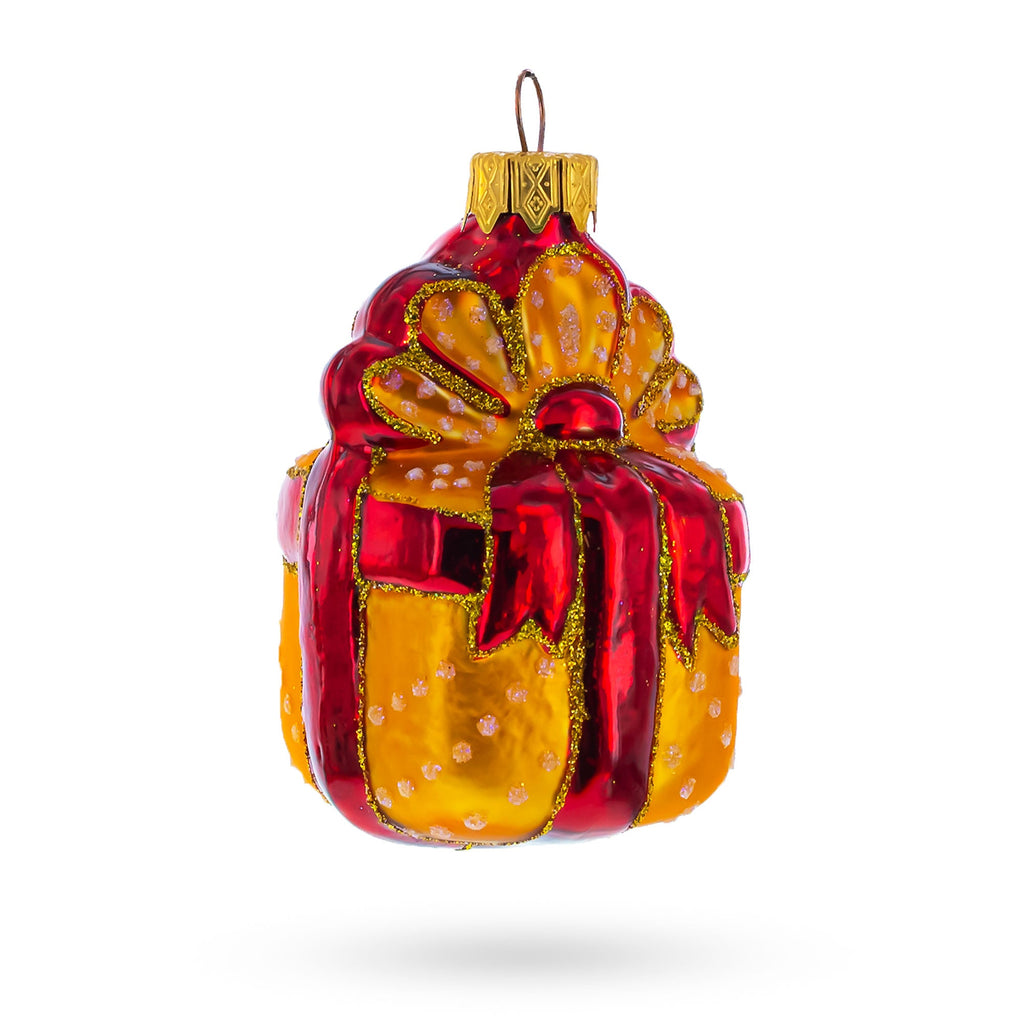 Gift Box with Red Ribbon Glass Christmas Ornament