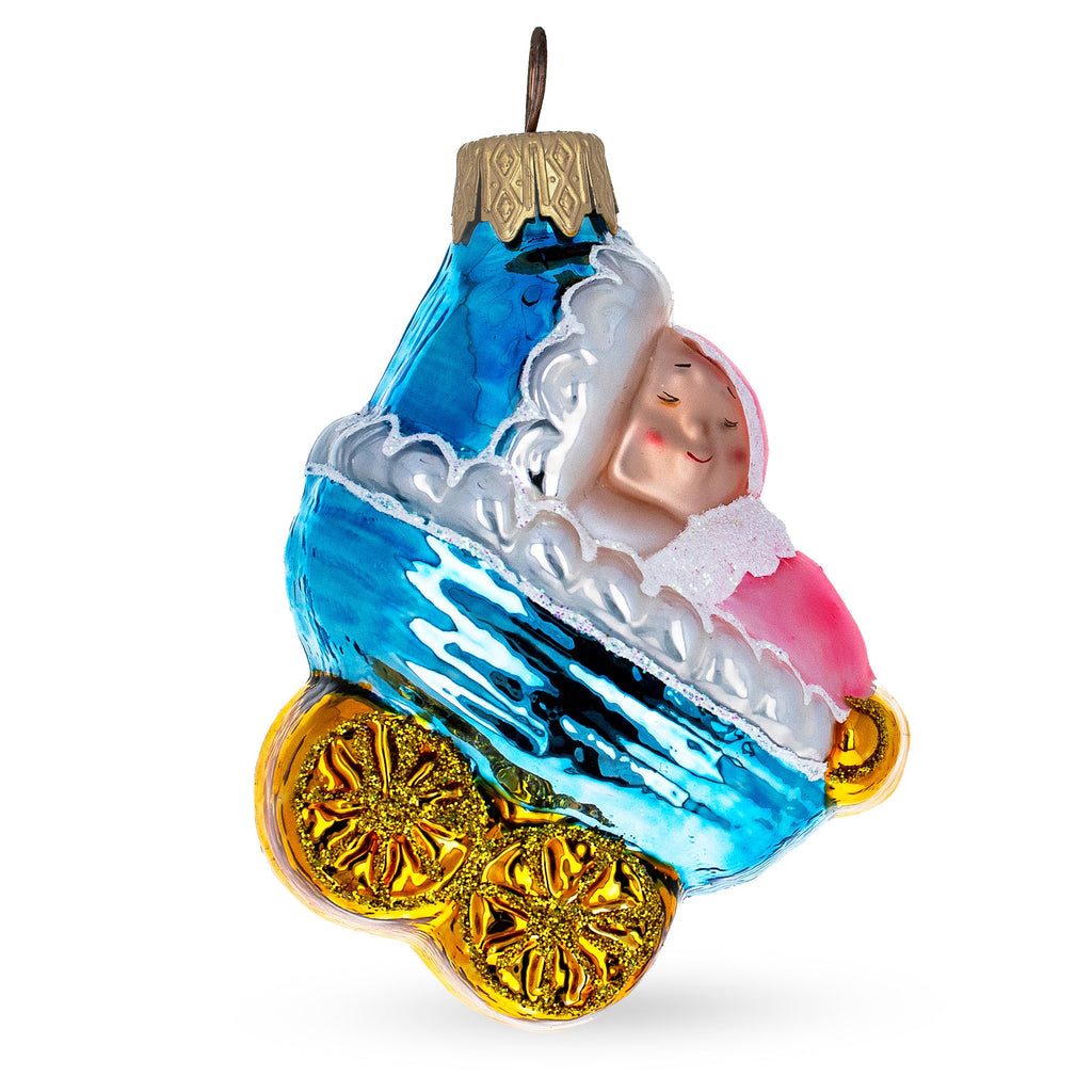 Newborn Baby Girl in a Stroller Glass Christmas Ornament