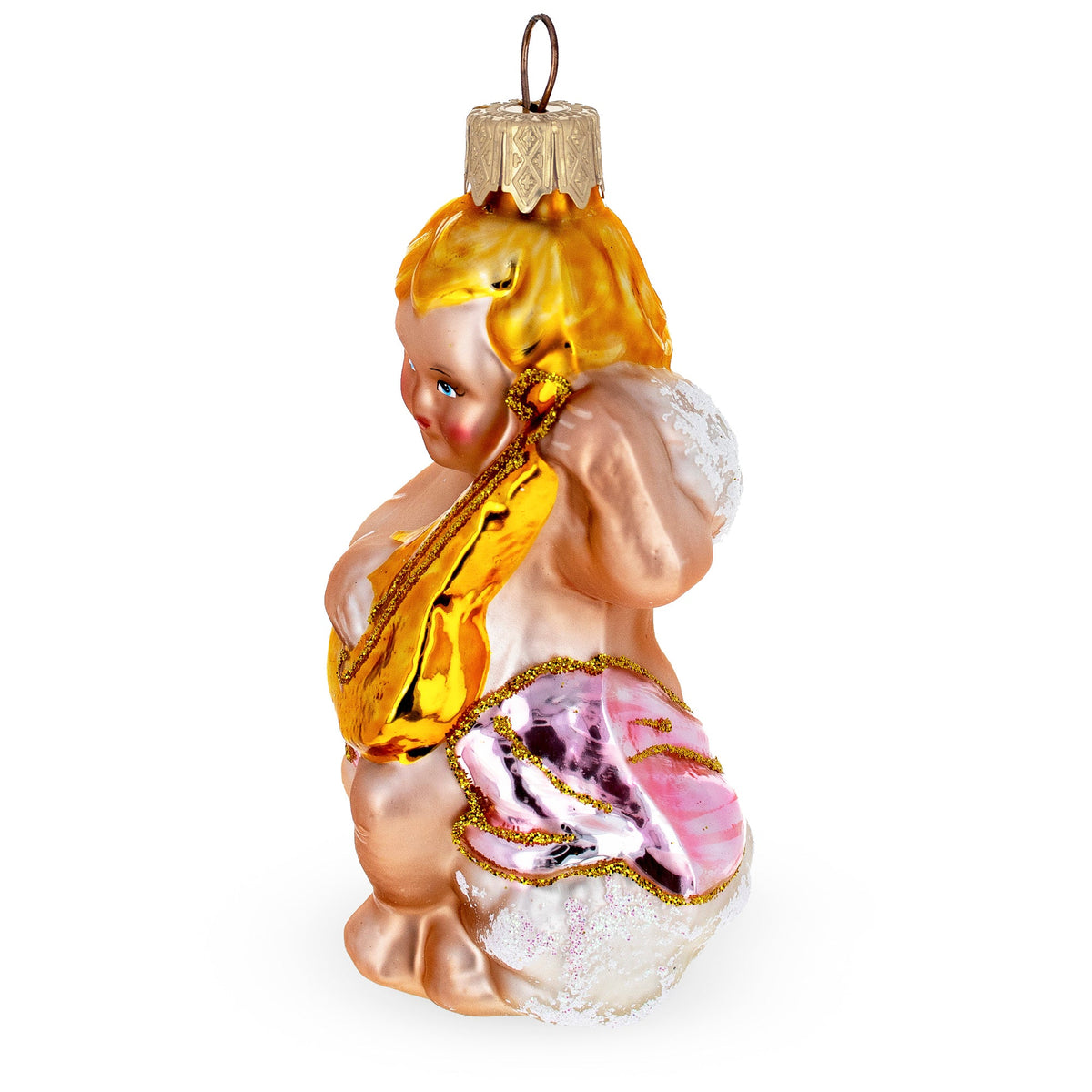 Cherub Angel Musician Playing Golden Mandolin Glass Christmas Ornament