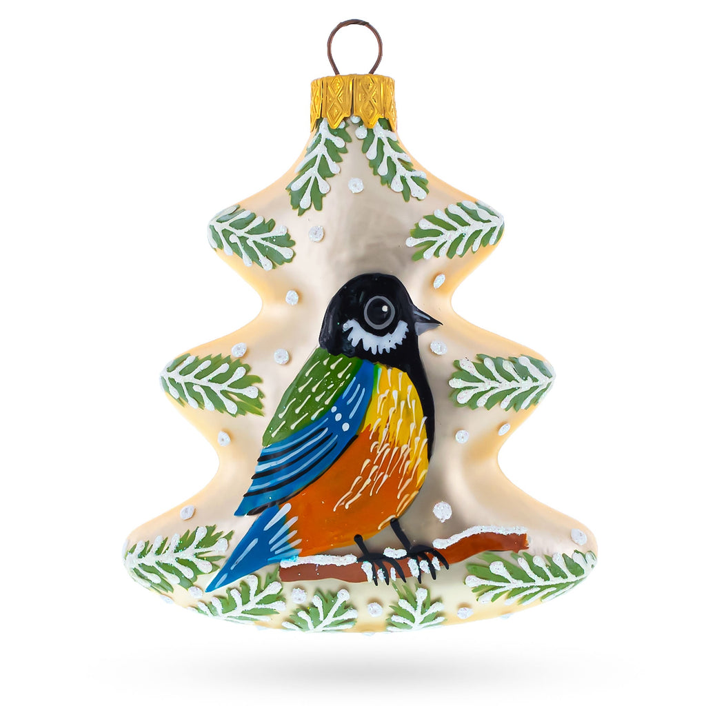 Winter Pine Tree with Songbird Glass Christmas Ornament