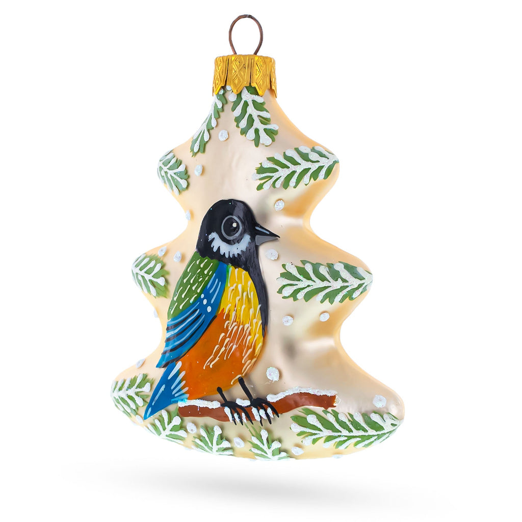 Winter Pine Tree with Songbird Glass Christmas Ornament