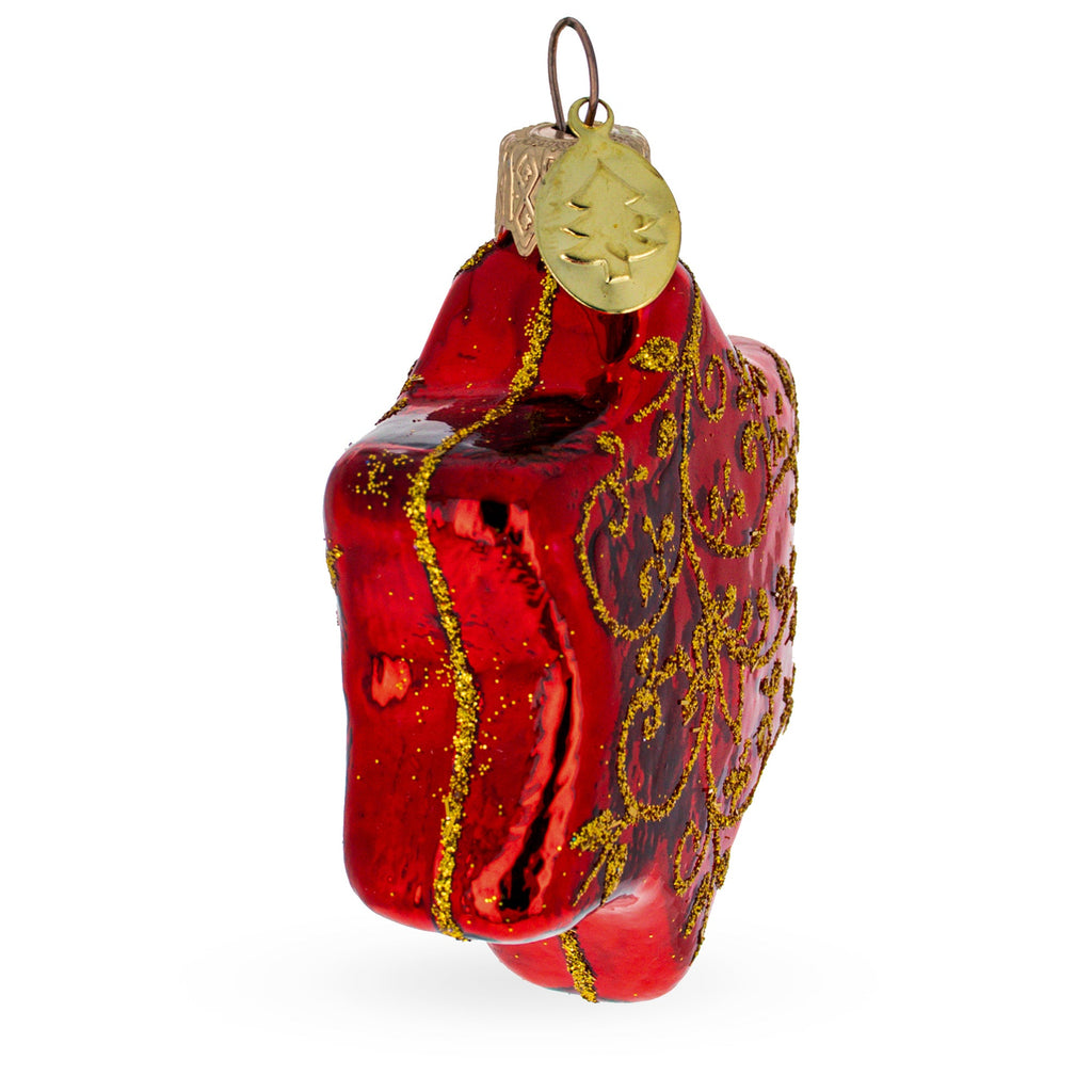 Glossy Red Hexagon with Golden Pattern Glass Christmas Ornament