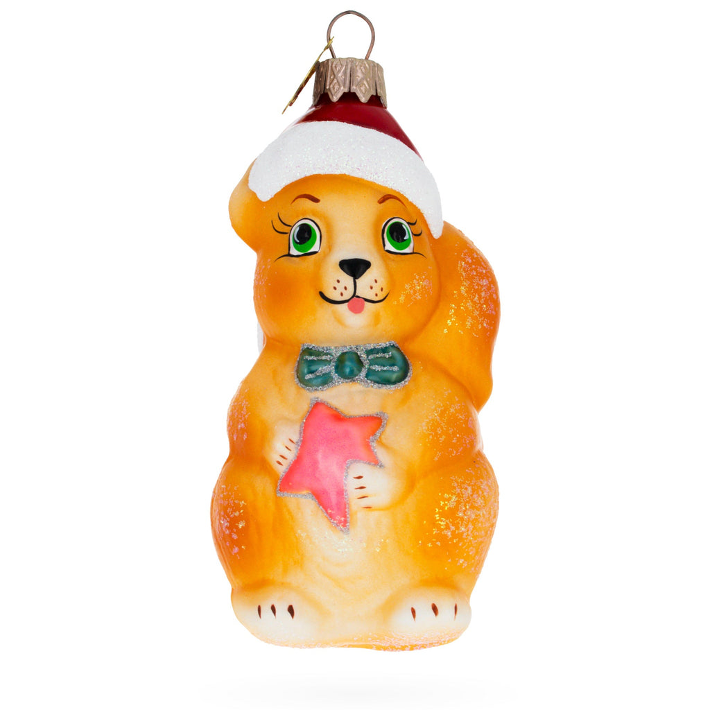Santa Hat Squirrel Holding Star Glass Christmas Ornament