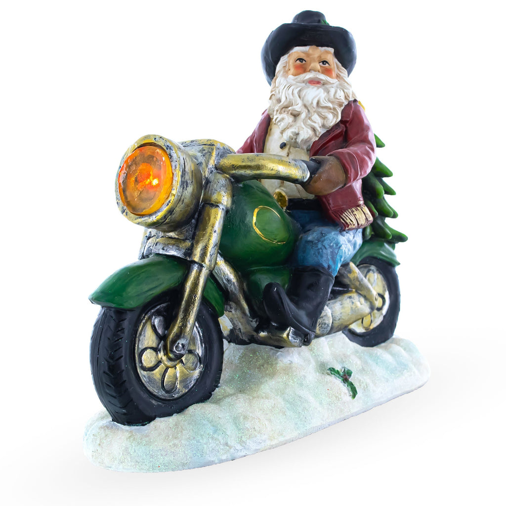 Cowboy Santa Riding Motorcycle LED Figurine - 8.5" Resin Christmas Decor