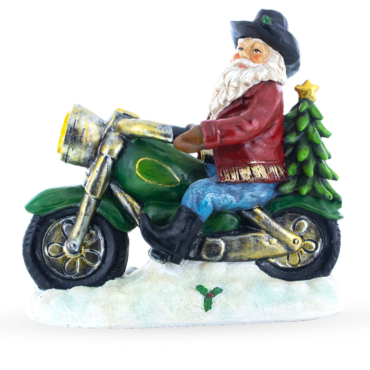 Cowboy Santa Riding Motorcycle LED Figurine - 8.5" Resin Christmas Decor