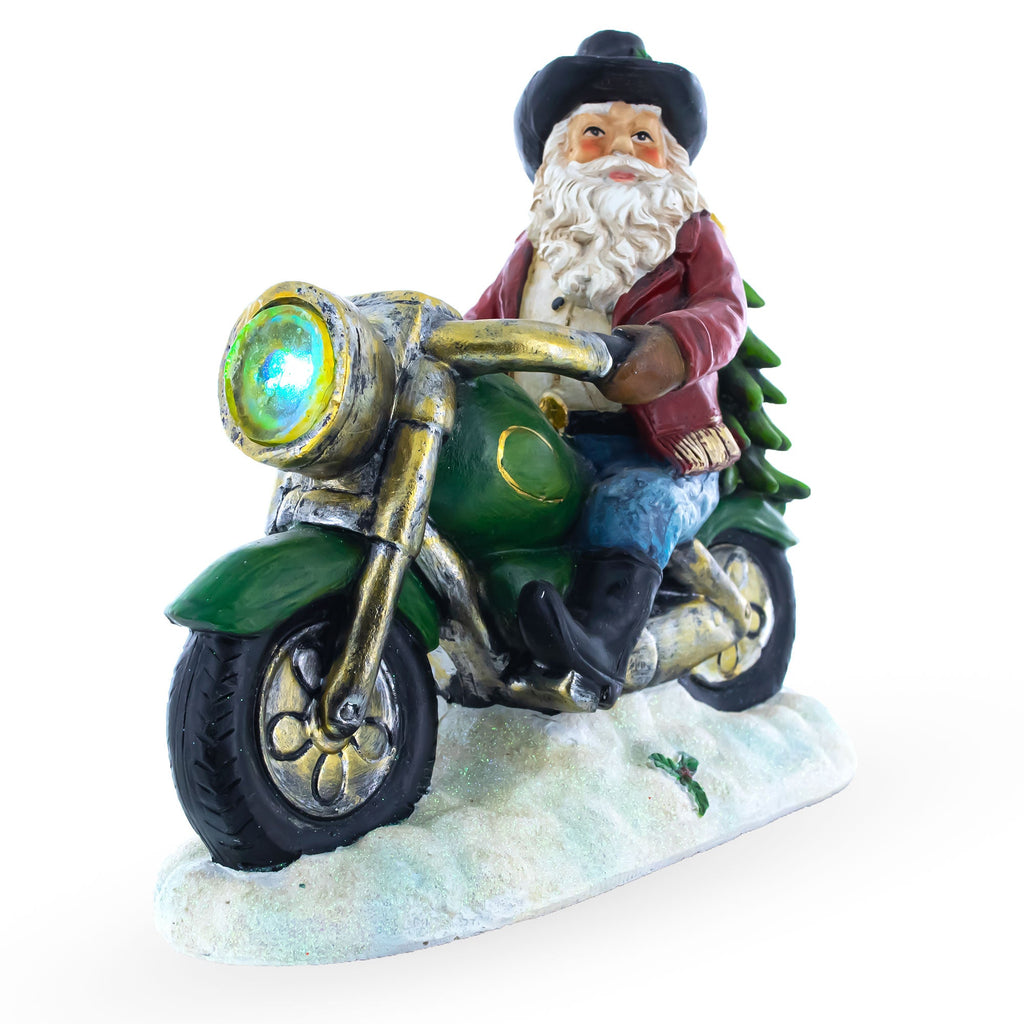 Cowboy Santa Riding Motorcycle LED Figurine - 8.5" Resin Christmas Decor