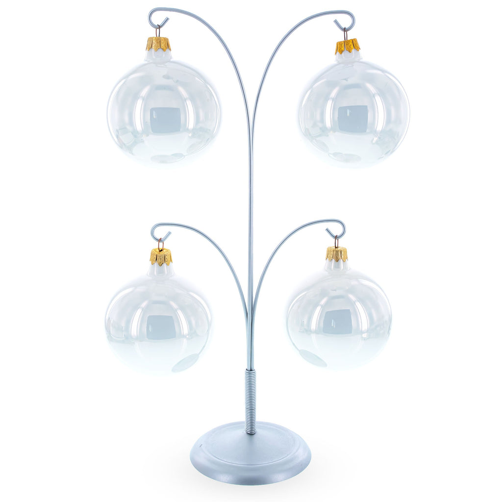 4-Arm Tree Branch Silver Metal Ornament Display Stand 12 Inches