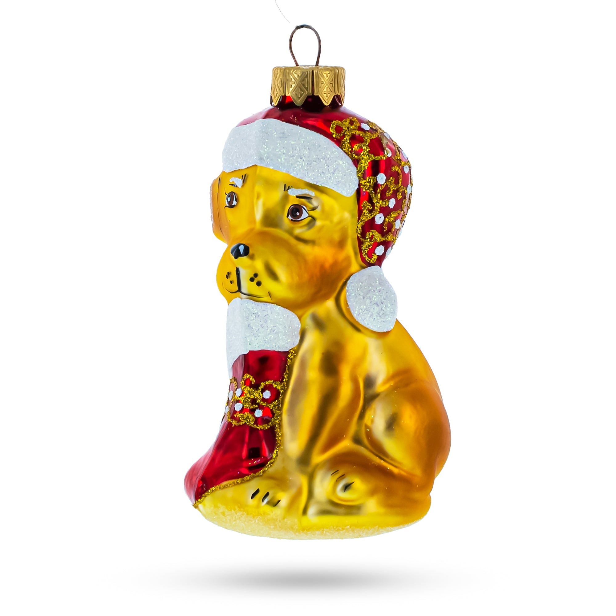 Puppy in Santa Hat with Stocking Glass Christmas Ornament