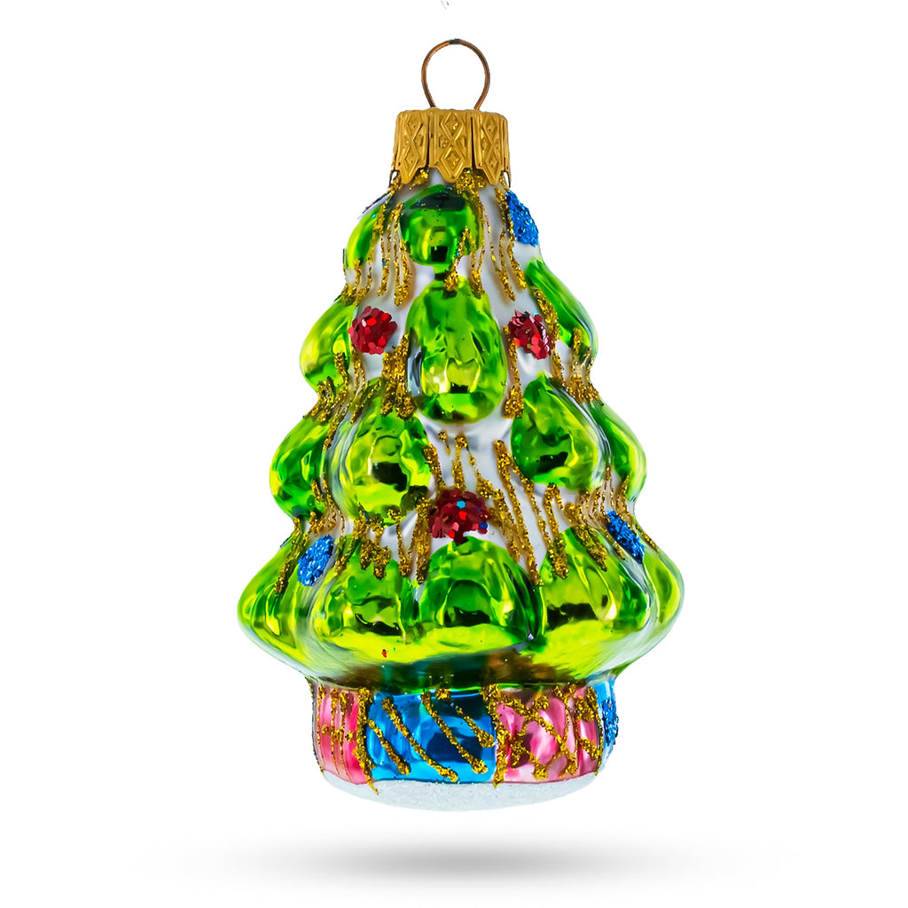Tree Adorned with Golden Garland Glass Christmas Ornament