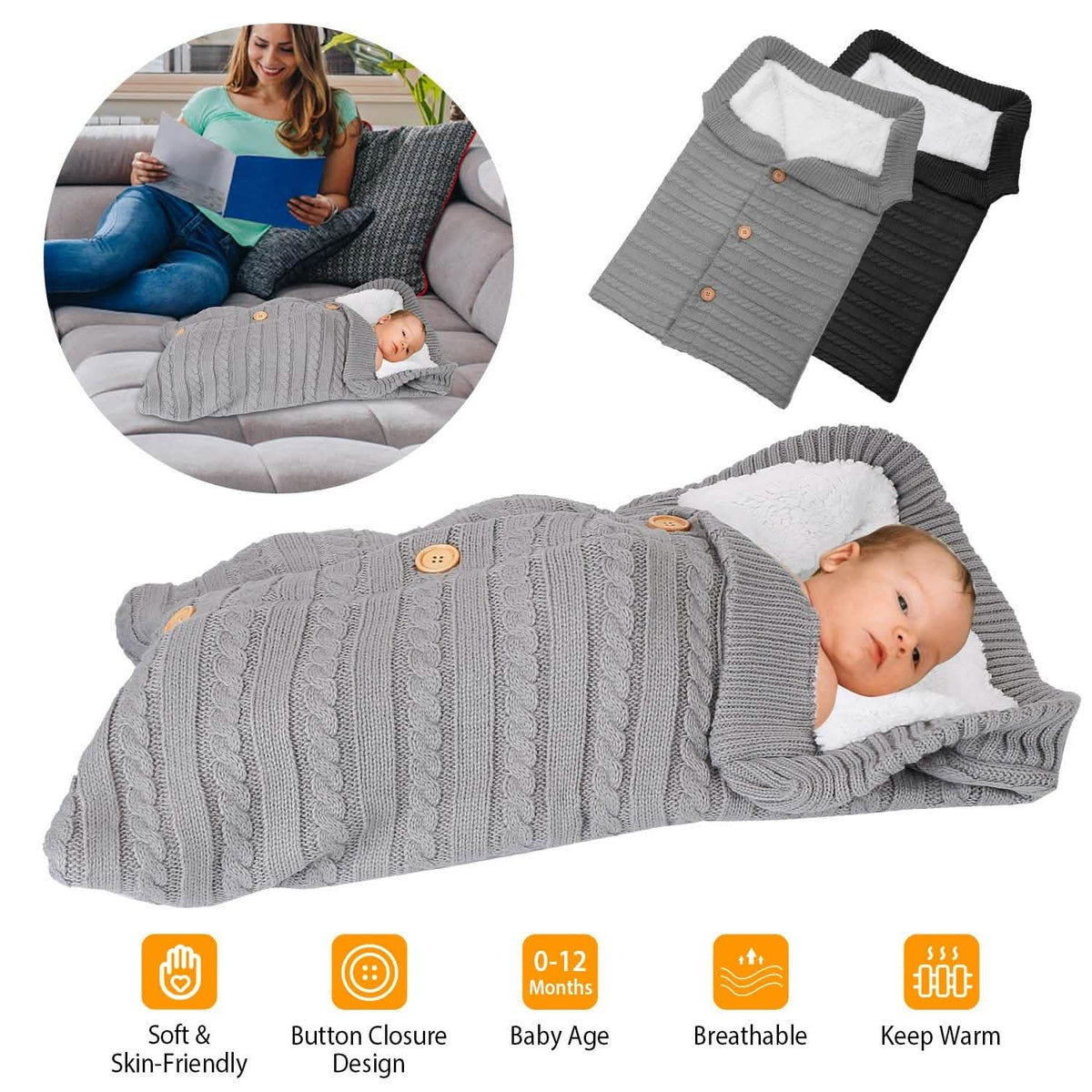 Baby Knit Swaddle Blanket Wrap with Buttons