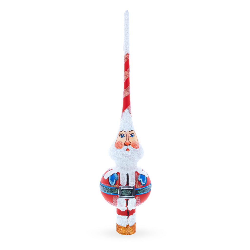 Santa in Red & White Suit Glass Christmas Tree Topper 11 Inches