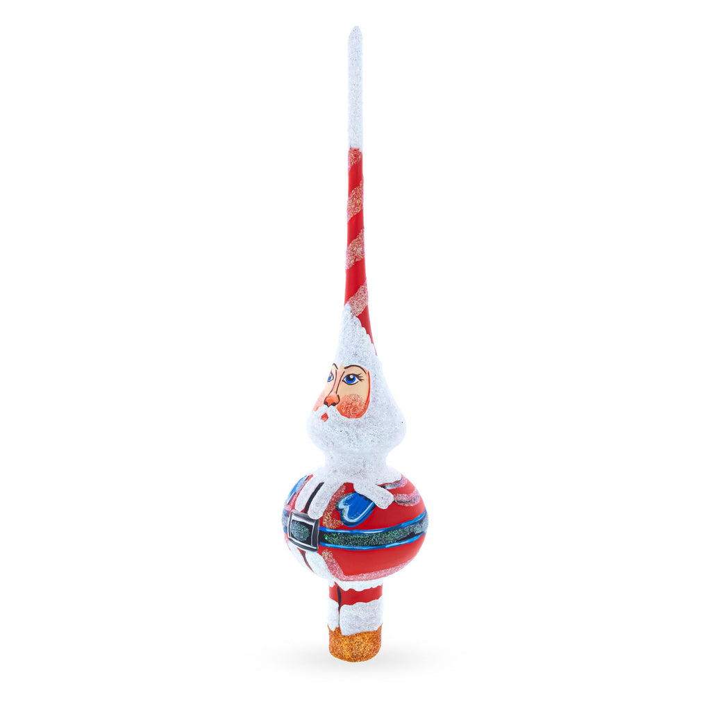 Santa in Red & White Suit Glass Christmas Tree Topper 11 Inches